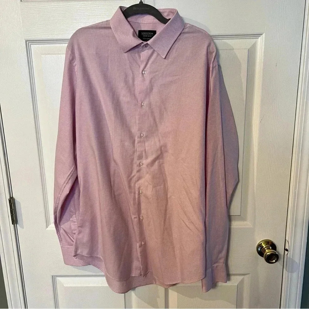 Nordstrom Mens Shop Tech Smart Trim Fit Button Down Pink Gingham Size 16 1/2 EUC